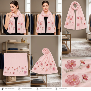 Pink <b>Floral</b> Embroidered Cotton <b>Scarf</b> Lightweight Breathable Soft Shawl for Women Spring Daily Wear - Product Image 3