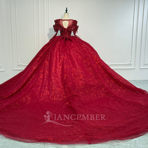 XS298 Vestido de Quinceañera Rojo Popular de Manga Larga con Corte Imperio, Cola Capilla, Apliques de Cristal y Estampado con Cuentas - Product Image 4