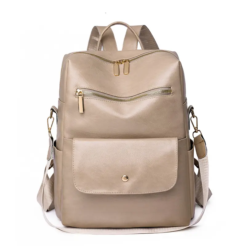 Casual Beige Large Capacity Backpack Purse Convertible Leather Backpack Zipper Leather Strap Backpack
