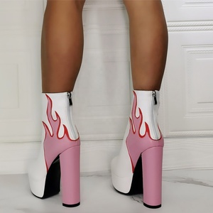 New Style Fire Print Round Toe Platform Back Zipper Fashion Women Ankle <b>Boots</b> High Chunky Heel Large Size 47 - Product Image 5
