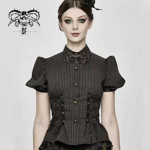 SHT043 Steampunk Brown Korte Bubble Mouwen Lace Up Gestreepte Vrouwen Slim Katoenen Blouse