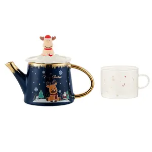 Christmas elk tree santa snow man tea set cute cartoon ceramic teapot mug tea for one Xmas