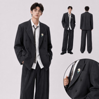 Ensemble de costume blazer croisé oversize pour homme avec pantalon plissé à jambe large, revers pointus, noir et gris, style streetwear formel personnalisé