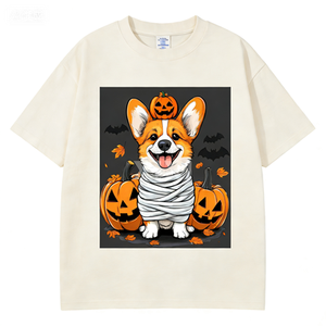 T-shirt d'été polyvalent pour homme, coupe ample, motif citrouille et chauve-souris Corgi imprimé, décontracté et tendance - Product Image 2