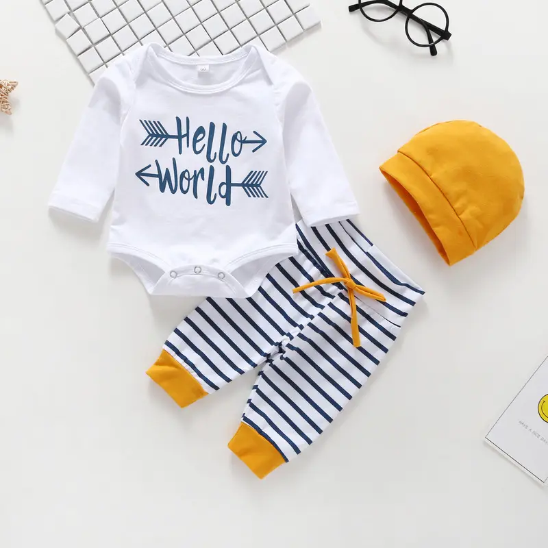 Newborn Baby Boy Clothes Sets Cotton Long Sleeve Hello World Letter Print Romper Pants Hat 3Pcs Outfits Infant Clothing Set