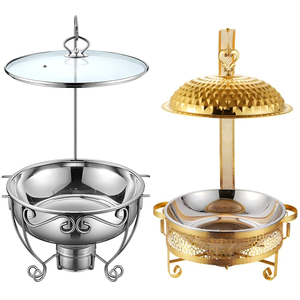 Ré<span class=keywords><strong>chaud</strong></span> à alcool rond de luxe en acier inoxydable doré avec dentelle, couvercle articulé, chauffe-plats pour buffet d'hôtel et de restaurant - Product Image 6