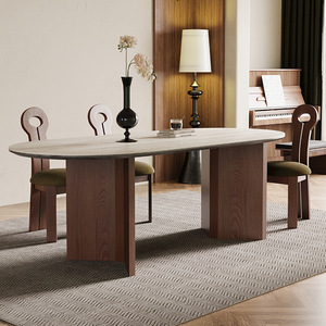 Ensemble table et chaises ovales en travertin, 6 pièces, meubles de salle à manger en bois de noyer massif, structure durable en cadre rigide - Product Image 2