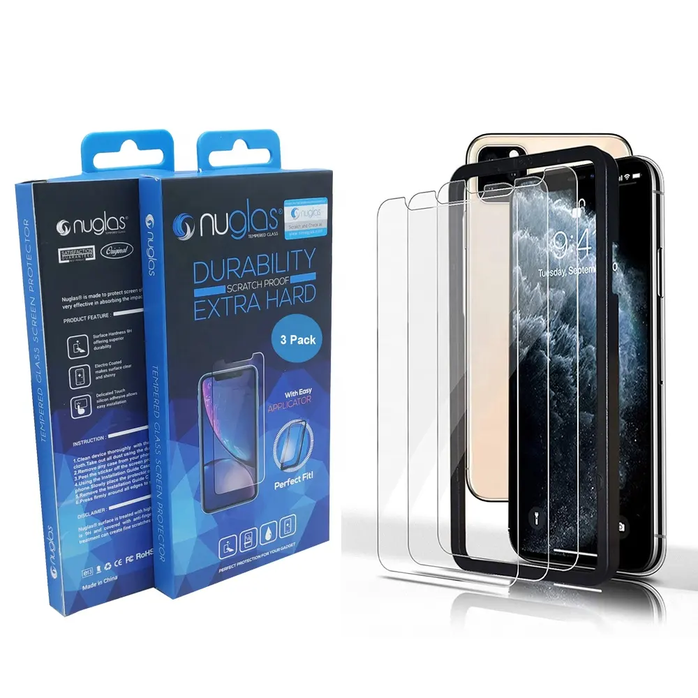 Nuglas Premium Real Tempered Protective Screen Protector Glass Film mit Install Tray New 3 Pack für Iphone Xs Max 9H Availibale