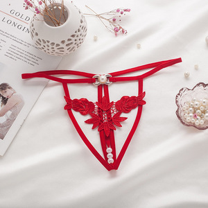 Tanga sexy para mujer, bragas huecas con bordado de malla con cordones, Tanga erótica transparente con perlas bordadas en la espalda en T para niñas - Product Image 2