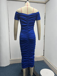 S-3XL Europese En Amerikaanse Stijl Effen Kleur Lange Jurk Elegant En Elegant Zomer Damesjurk Een Schouder Ruche Jurk - Product Image 5