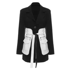 Wholesale Autumn and Winter Fashion Casual Retro Black and White with Waist Mid-length Suit Women's Coats