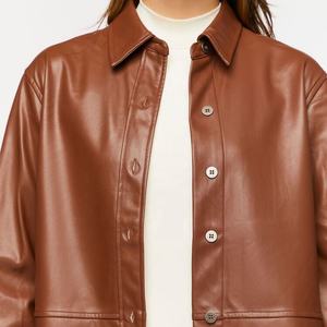 Automne mode femmes Faux cuir chemise boutonné Vintage goutte manches personnalisé dames décontracté Pu cuir veste - Product Image 5