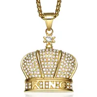 316L Perhiasan Panas Pria, Kalung Liontin Mahkota Raja Kristal Berlapis Emas Baja Tahan Karat