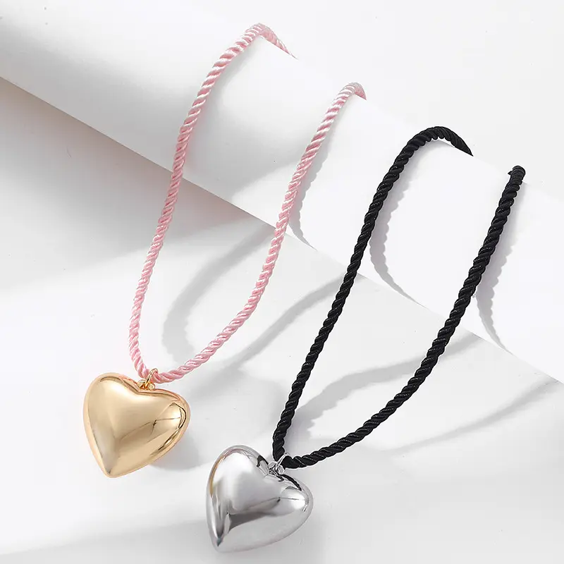 Fashion Design 3d Love Perzik Ketting Grote Koperen Liefdeshart Hanger Glanzend Touw Kettingen