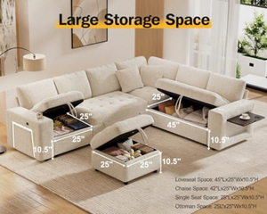 Canapé modulaire sectionnel avec lit escamotable, 7 places, en chenille, en forme de L, avec ottoman de rangement, porte-gobelets USB, table d'appoint - Product Image 6