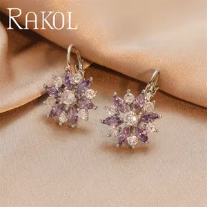 RAKOL EP609 Trendy women jewellery clip on earrings wedding bridal jewelry CZ zircon jewelry flower shape hoop stud earrings