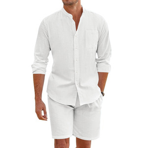 Conjunto de Dos Piezas de Verano para <span class=keywords><strong>Hombre</strong></span>, Personalizado OEM, Camisa de Lino con Botones, Pantalones Cortos de Manga Larga, Cárdigan, Atuendo Casual de Playa - Product Image 4
