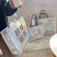 Sac de courses laser en non-tissé laminé PP holographique argenté, personnalisé, recyclable et réutilisable, prix de gros