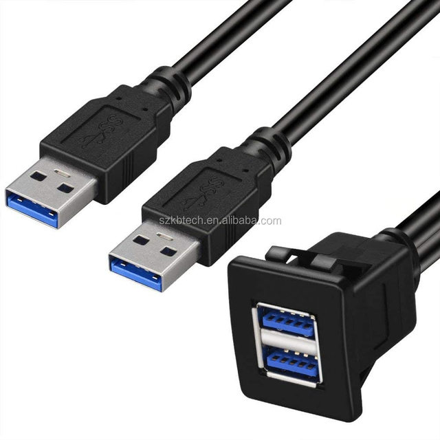 Dual-Port Square USB 3.0 Flush Mount Extension Cable Buckle for Car Truck Boat Motorcycle Dashboard PVC Jacket Braid for Printer