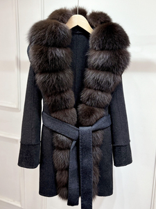 Janveny-<span class=keywords><strong>Manteau</strong></span> en fourrure de cachemire pour <span class=keywords><strong>femme</strong></span>, avec poche en <span class=keywords><strong>laine</strong></span>, long col en fourrure naturelle, surdimensionné, double face - Product Image 5