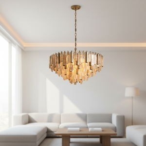 Luminaire suspendu moderne de luxe en verre de Murano avec tubes ambrés/transparents, finition laiton, pour salon, salle à manger et chambre à coucher - Product Image 2