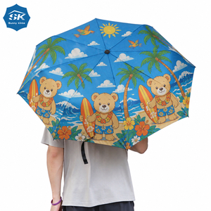 Parapluie pliant Surfing Bear Tropical Beach, protection UV, portable, coupe-vent, parasol soleil/pluie, imprimé dessin animé bord de mer - Product Image 1