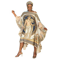 Robe longue caftan africain en mousseline imprimée style vintage avec manches évasées à volants, paréo de plage bohème avec motif peinture à l'huile
