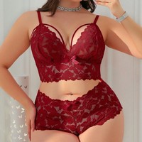 Ensemble de Lingerie Sexy Femme Grande Taille 2 Pièces de Haute Qualité avec String G et Culotte Bikini Sans Armature en Dentelle Motif Uni