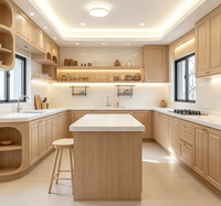 Ensemble d'armoires de cuisine en bois naturel moderne avec étagères ouvertes incurvées et éclairage LED pour la rénovation de la cuisine à domicile