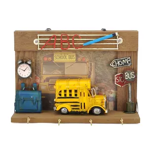 Wood Photo Frame With Hooks Wall Hanging Home Decor Photo Frame Handmade School Bus Model Home Bar Cafe Decoration