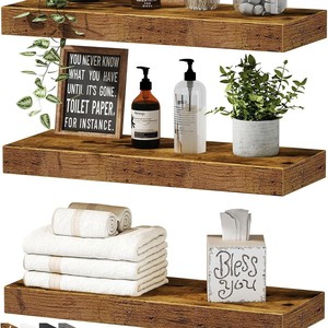 Vente en gros d'usine, ensemble de 3 étagères flottantes doubles en <span class=keywords><strong>bois</strong></span> rustique sculpté, noir, montage mural, rangement multifonctionnel, cuisine, salon - Product Image 4