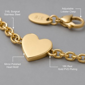 Bracciale JinSpark 'Petite Pulse' con ciondolo a cuore in acciaio inossidabile 316L placcato oro 18K PVD, gioiello minimalista curativo da donna - Product Image 5