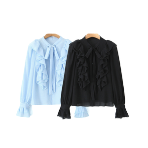 เสื้อท็อปส์ลำลองสไตล์วินเทจสำหรับฤดูใบไม้ร่วง ผ้าทอระบายอากาศดี สีพื้น 2 สี แต่งระบายด้านหน้า แขนยาว ย้อมสีแบบ Garment Dyed คอผูกโบว์ - Product Image 3