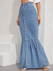Special Design Custom Button-Up Denim Mermaid Ruffle Hem Maxi Skirt Jean Skirt Women Denim Fall Fashion Long Denim Skirt