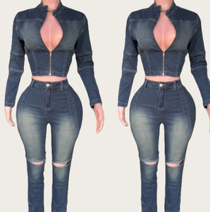 Viviblook Z1013ST05 nuevo invierno lavado cremallera chaqueta de mezclilla pantalones largos elástico Casual Denim traje de dos piezas de talla grande conjunto para mujeres - Product Image 1