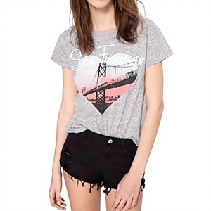 Camiseta de Mujer, Gris, Manga Corta, Cuello Redondo, 100% Algodón, con Diseño del Puente de San Francisco, Transpirable, Anti-Pilling, para Primavera/Verano - Product Image 1