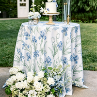 Taplak Meja Bundar Motif Bunga Biru 120 inci, Latar Belakang Putih, Cetakan Botani Vintage, untuk Pernikahan Amerika/Pesta Pernikahan