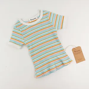 Pinuotu Boy Girl Infants Clothes Cute Summer Ribbed Top Cotton Colored Striped Newborn Baby Wear Clothing T-shirt