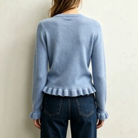 Pull-over tricoté uni à col rond et manches longues pour femme 2026, avec ourlet et poignets à volants, coupe ajustée, décontracté, doux et confortable