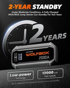 WOLFBOX 2000A 44.4Wh 45W 12V Arrancador de Coches Portátil con Pantalla LED para Motores de 7L/6L Negro/Gris - Product Image 4