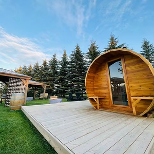 HELIUS Ready-Sauna à vapeur d'extérieur <span class=keywords><strong>en</strong></span> cèdre rouge pour 6 personnes, chauffage électrique traditionnel, sauna baril avec demi-verre et porche, <span class=keywords><strong>pas</strong></span> <span class=keywords><strong>cher</strong></span> - Product Image 1