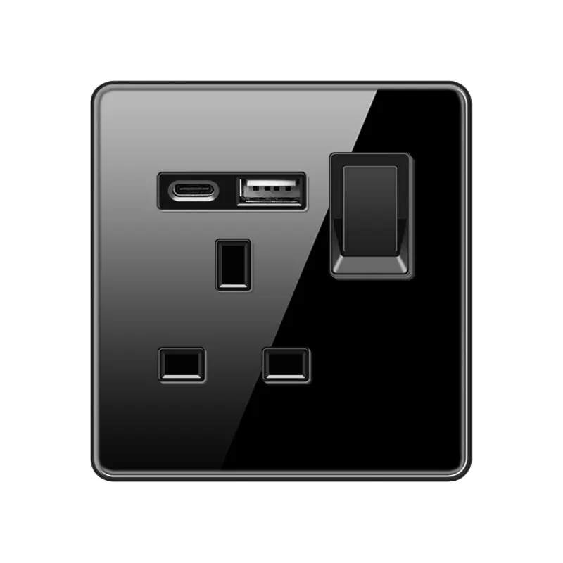 Kaisi Type-C USB A 13A 1gang UK Tempered Glass wall socket switch black white gray gold glass switches and sockets