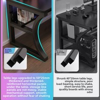 Bureau de jeu noir avec étagère de rangement et support pour processeur, poste de travail informatique simple avec éclairage RGB pour les joueurs