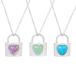 Verzilverd Heart Crystal Stone Cabochon Lock Hanger Ketting Edelsteen Charm Vrouwen Ketting