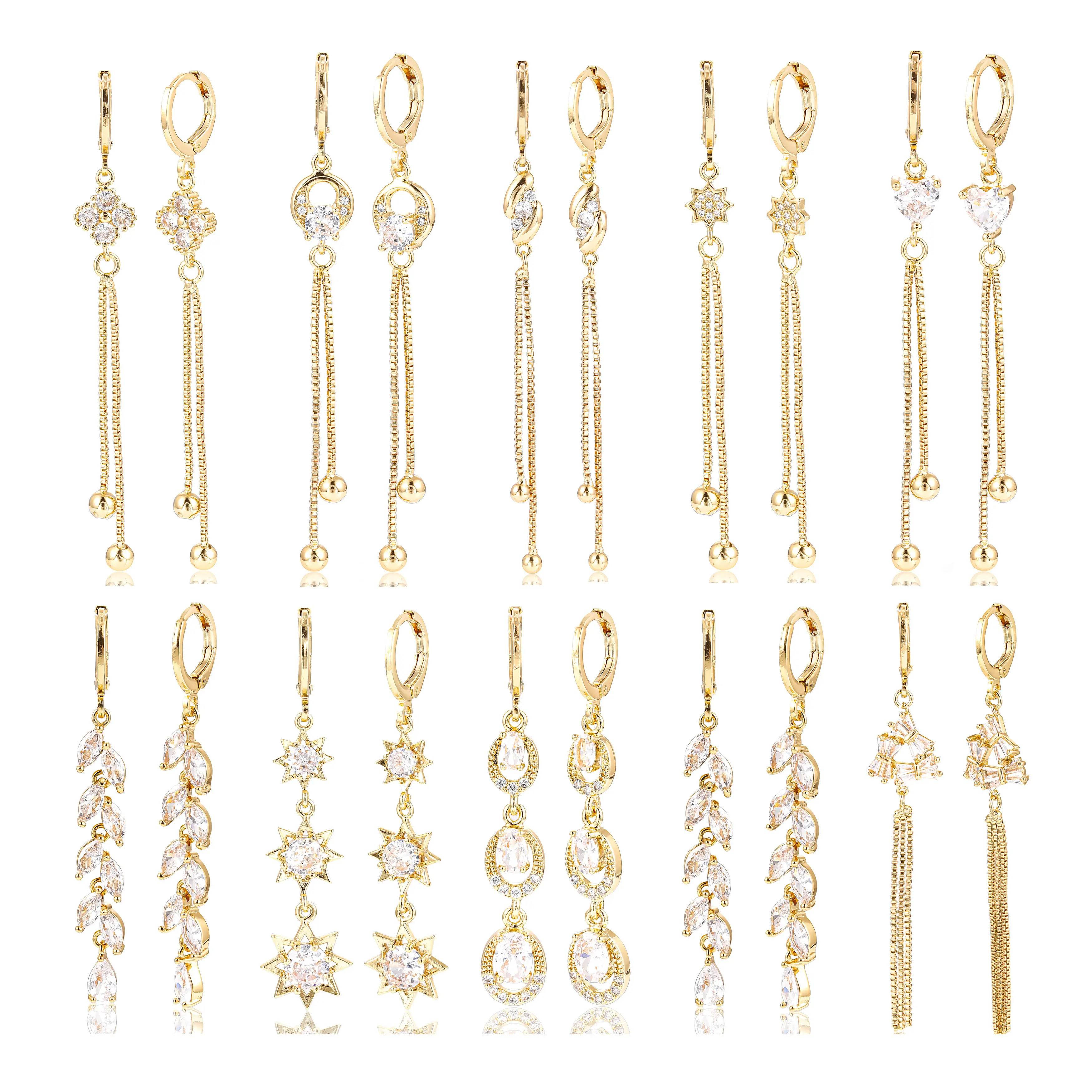 Bijoux de mode en gros aretes de moda oro laminado cz zircone longues boucles d'oreilles plaqué or 18 carats gland boucle d'oreille pour les femmes