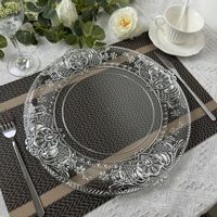 Fête de mariage baroque personnalisée vintage ronde 13 pouces en plastique gaufré argent fleur bord clair transparent plaques de chargeur