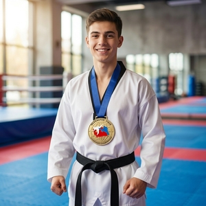 Medaglia Personalizzata <span class=keywords><strong>con</strong></span> il <span class=keywords><strong>Nome</strong></span> dello Stato, Bicolore in Smalto, Premio in Metallo <span class=keywords><strong>con</strong></span> Silhouette Dinamiche di Combattimento, Medaglia Taekwondo - Product Image 2
