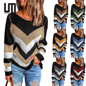 Liu Ming Herfst Winter Vrouwen Casual Gestreepte Lange Mouw Losse Patchwork Gebreide Pullover Tops Truien