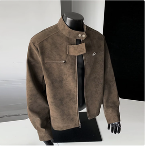 جاكيت رجالي من الجلد الصناعي (PU) بتصميم أمريكي ريترو، بياقة قائمة، بسحاب، كبير الحجم، كاجوال، للربيع والخريف - Product Image 3