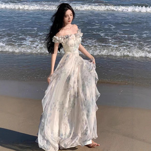 Vestido Largo de Playa con Volantes Franceses, Estampado Floral, de un Solo Hombro, de Secado Rápido, Silueta en A, para Mujer, Cubre Traje de Baño - Product Image 1